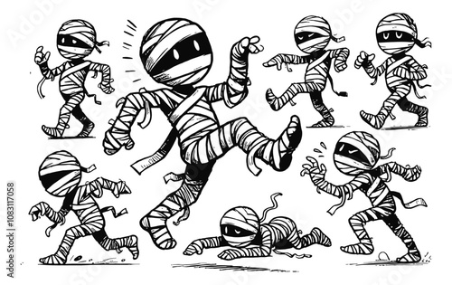 cartoon mummy engraving black and white outline