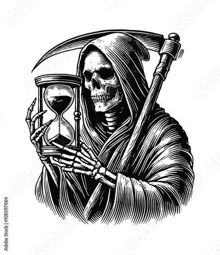 skull hood sand clock scythe engraving black and white outline
