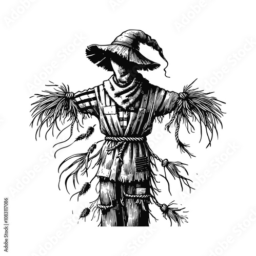 scarecrow engraving black and white outline