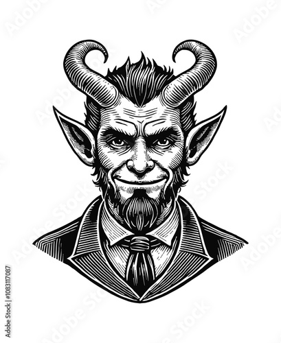 devil man suit engraving black and white outline