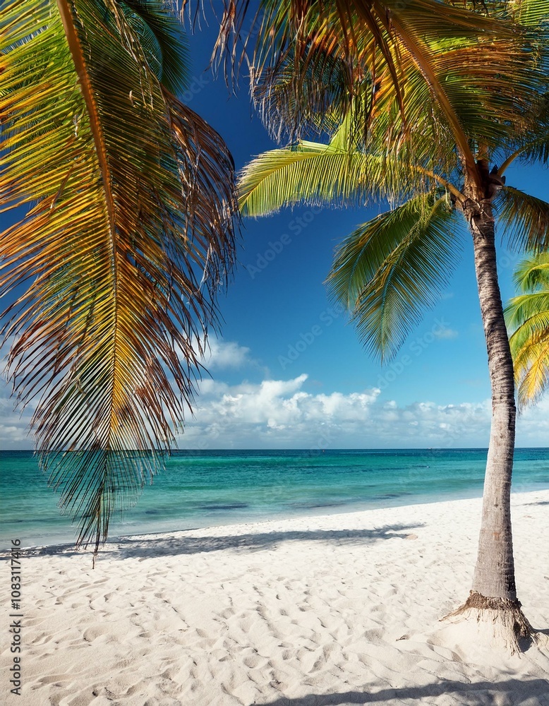 Obraz premium Tropical Beach Paradise with Palm Trees and Clear Blue Sky