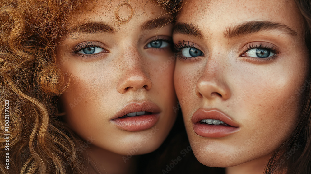 Fototapeta premium Close-up portrait of women showcasing classic and modern hairstyles, rich textures, soft focus