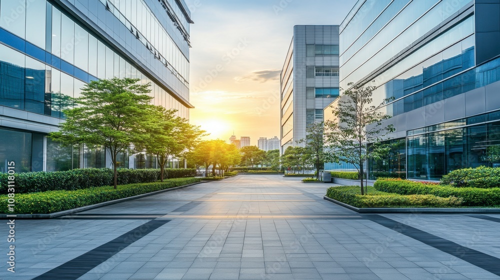 Fototapeta premium Modern Business District at Sunset with Glass Buildings and Lush Greenery Perfect for Urban Landscape Photography and Commercial Use