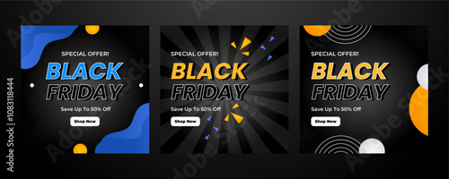 Modern Black Friday Promotional Banners With Bold Colors. Set of Three Black Friday Banners Featuring Vibrant Designs and Bold Text to Emphasize Special Offers