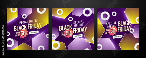 Modern Black Friday Promotional Banners With Bold Colors. Set of Three Black Friday Banners Featuring Vibrant Designs and Bold Text to Emphasize Special Offers