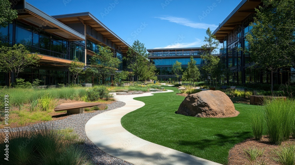 Obraz premium Serene Modern Landscape Design Featuring Natural Elements, Green Grass, Concrete Pathway, and Contemporary Architecture in Bright Daylight