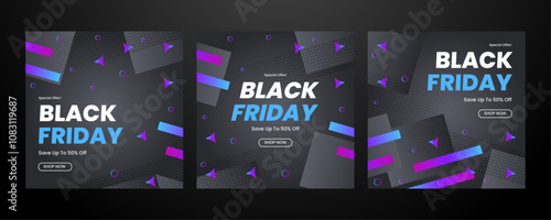 Modern Black Friday Promotional Banners With Bold Colors. Set of Three Black Friday Banners Featuring Vibrant Designs and Bold Text to Emphasize Special Offers