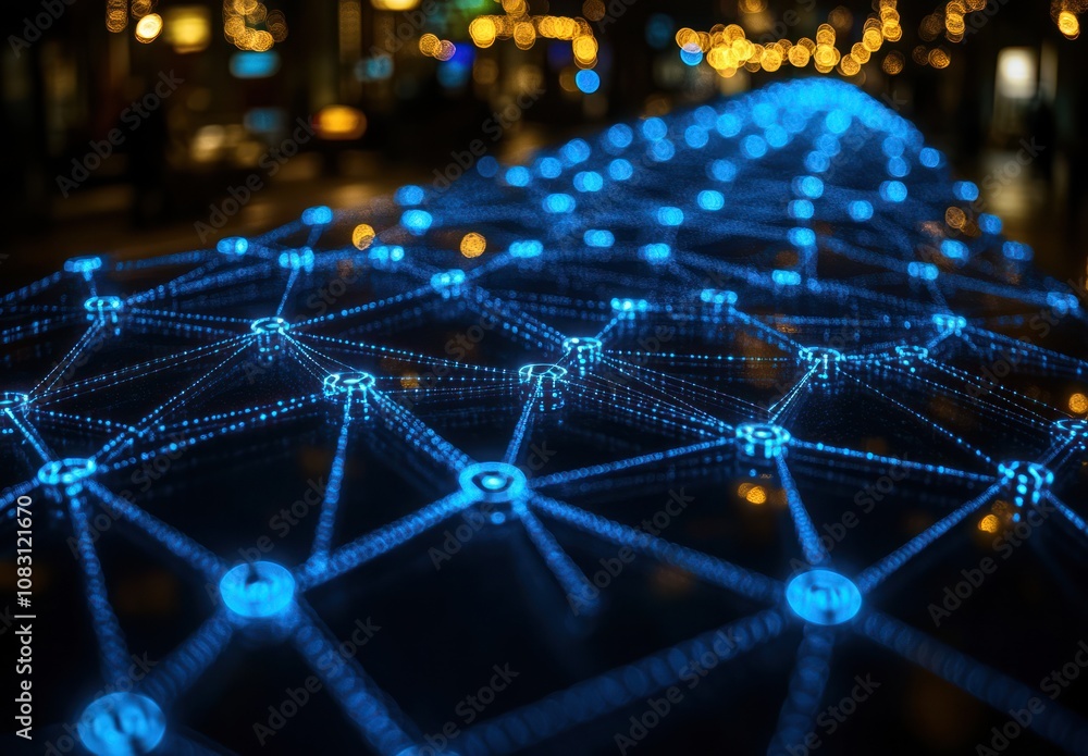 Obraz premium Here's a and keyword list for your image... Glowing Network Connections at Night.