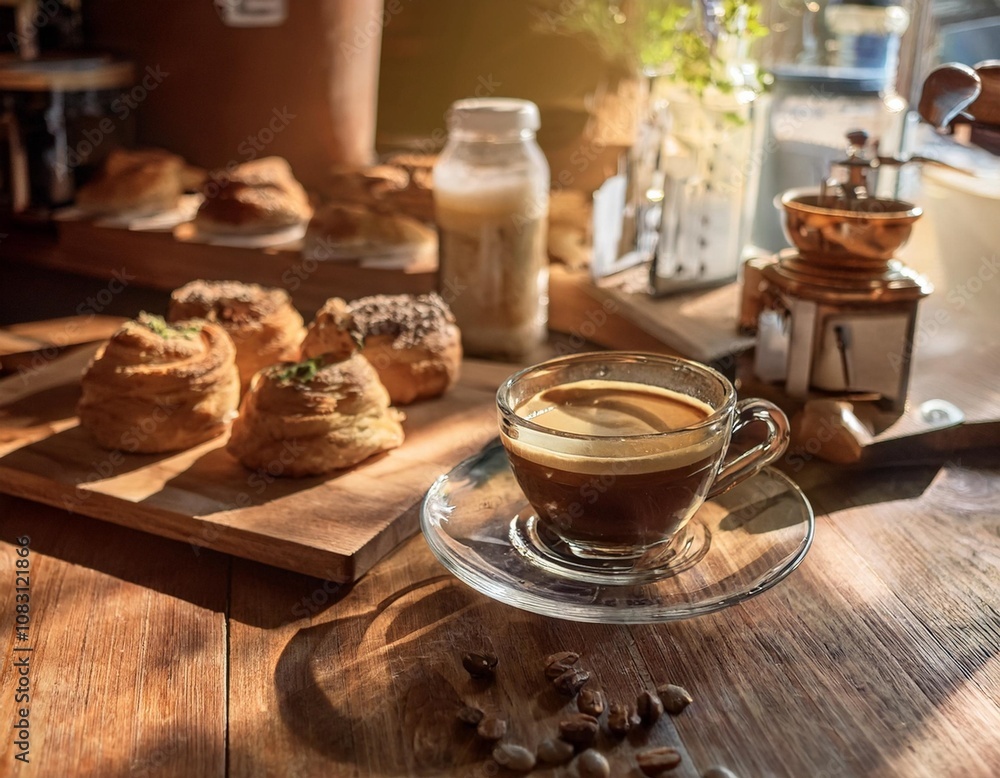 Fototapeta premium Rustic Coffee Bar Featuring a Freshly Brewed Espresso, Artisan Gluten-Free Pastries, and a Variety of Organic Condiments for a Cozy and Relaxing Morning Break