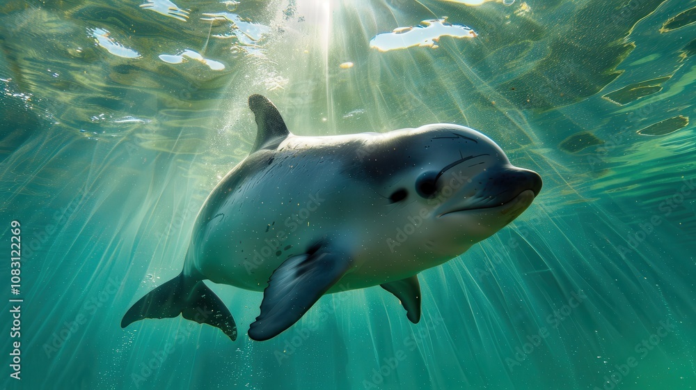 Obraz premium Captivating Dolphin Swimming Gracefully Underwater with Sunlight Filtering Through Water Surface in a Serene Ocean Environment