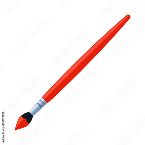 Red paintbrush with paint on bristles. Art supply, painting, and creativity concept. Flat vector illustration isolated on a white background