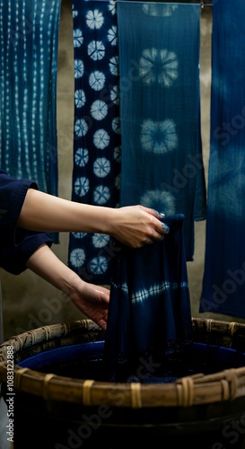 Japanese artisan dyeing fabrics using indigo or yuzen techniques, with vibrant blue hues and detailed patterns in a naturalistic workshop.