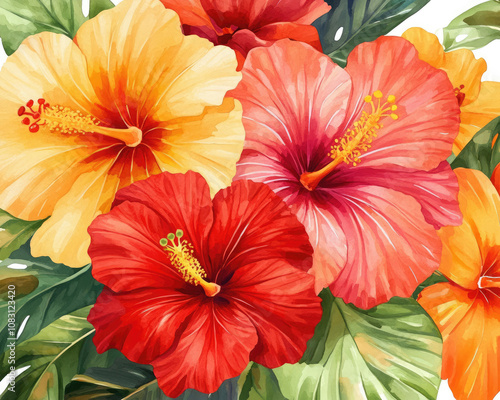 Wallpaper Mural A vibrant collection of hibiscus flowers in shades of red, yellow, and pink, showcasing their stunning beauty and intricate details. Torontodigital.ca