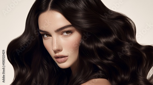Beautiful woman with long, dark, wavy hair looking at the camera.