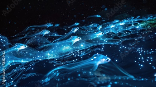 Ethereal School of Bioluminescent Fish Illuminating the Depths of a Dark Ocean, Capturing the Mystique of Underwater Life in Vibrant Colors
