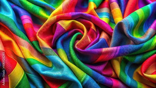 A vibrant and colorful rainbow striped fabric, folded and draped in a mesmerizing swirl, showcasing the beauty and texture of the material.