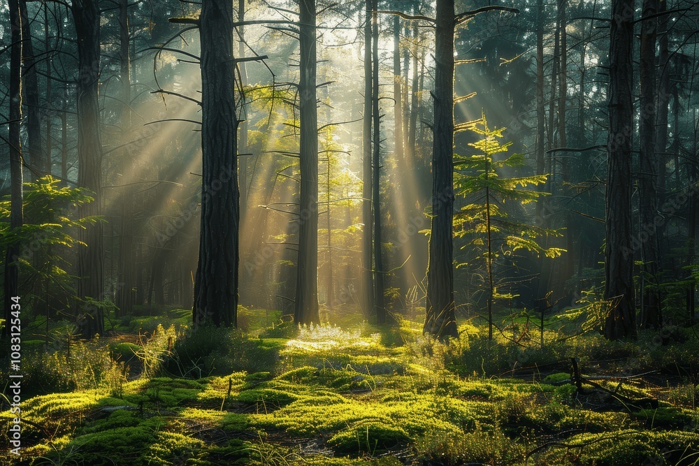 Fototapeta premium Sunlit Spring Forest with Misty Pine Trees and Green Moss