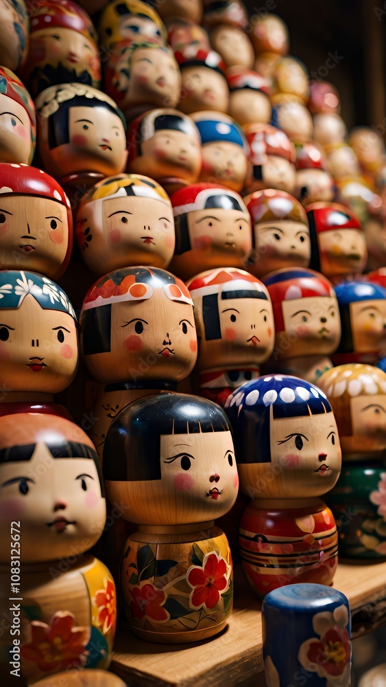 Obraz premium Artisans crafting traditional Kokeshi dolls, with hand-painted details and intricate woodwork in a cozy Tohoku workshop.