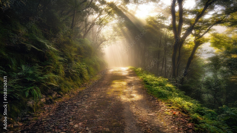 Fototapeta premium Serene forest path illuminated by soft sunlight beams