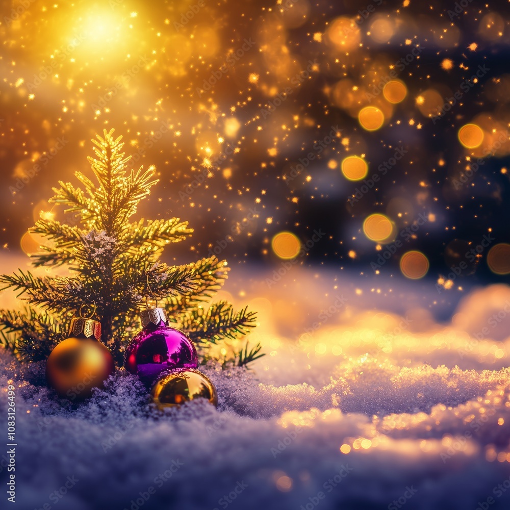 Fototapeta premium a small tiny christmas tree full of a lot of colorful christmas baubles in a snowy forest, the light shines bright through the tree, nowflakes float gently through the air, winter air, - Generative AI