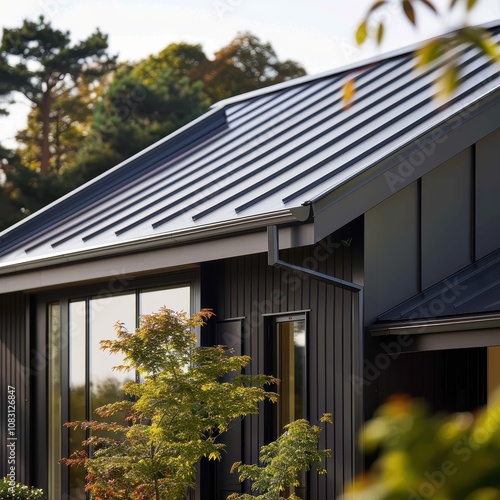 Wallpaper Mural Skilled workers are applying zinc roofing to a stylish contemporary house in the afternoon. The setting features bright foliage and clean architectural lines Torontodigital.ca