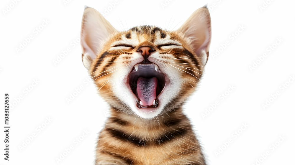 Fototapeta premium Close-up Photo of a Bengal Kitten Yawning Widely Against White Background