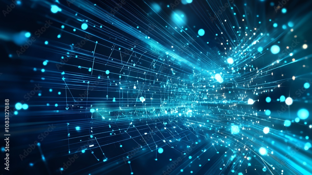Fototapeta premium Abstract digital background with glowing blue lines and particles.