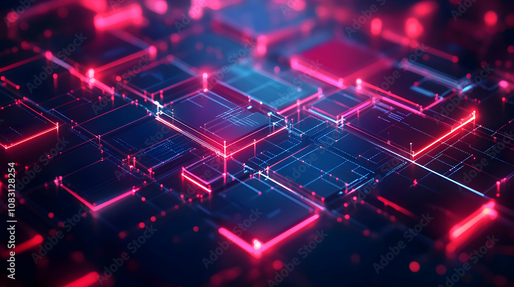 Obraz premium Abstract 3D Digital Network: Glowing Cubes and Lines Illustrate Complex Data Connections in Vibrant Red and Blue Hues