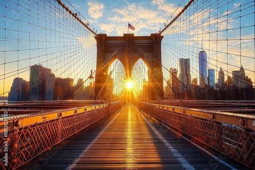 Brooklyn Bridge at Sunset with Manhattan Skyline and Golden Hour Lighting