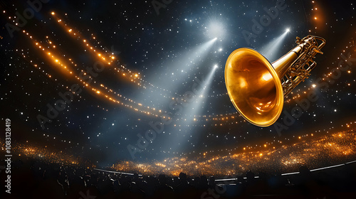 Golden Trumpet Soars Above a Starry Concert Hall, Illuminating a Large Audience with Spotlights