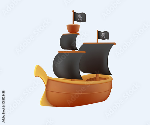 3D Pirate ship illustration. Wooden ship, sailing ship, wind sail boat pirate frigate warship longboat simple schooner nave, traditional ancient sailboat sea galleon, ingenious vector 3D cartoon boat