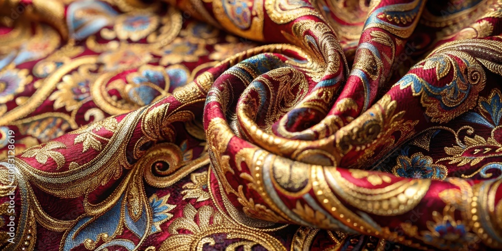 Fototapeta premium A Crimson and Gold Brocade Fabric with Intricate Floral Patterns, Draped and Folded to Reveal the Rich Textures and Opulent Details of the Design