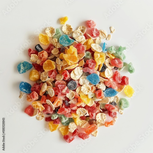 A colorful mix of cereal and candy pieces on a white background. photo