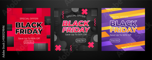 Modern Black Friday Promotional Banners With Bold Colors. Set of Three Black Friday Banners Featuring Vibrant Designs and Bold Text to Emphasize Special Offers