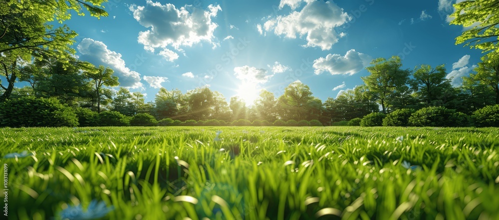 Fototapeta premium Beautiful sunny spring or summer day with blue sky and green grass