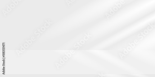 A plain, white, softly textured surface with light shadows. 3D Background Grey Wall Studio Room with Light, Shadow on Table Top.