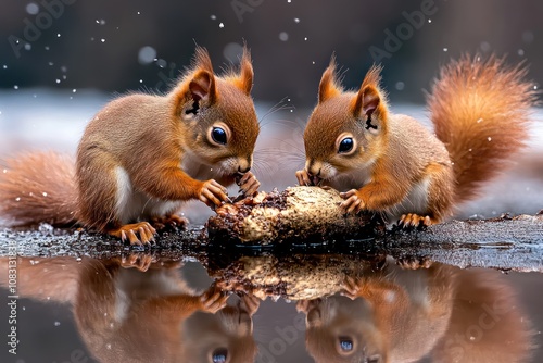 Playful Red Squirrel Babies in Winter Wonderland photo