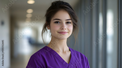Free Download Portrait of a Smiling Young Woman in Purple Scrubs, Standing in a Modern Hospital Corridor - GFXLoad