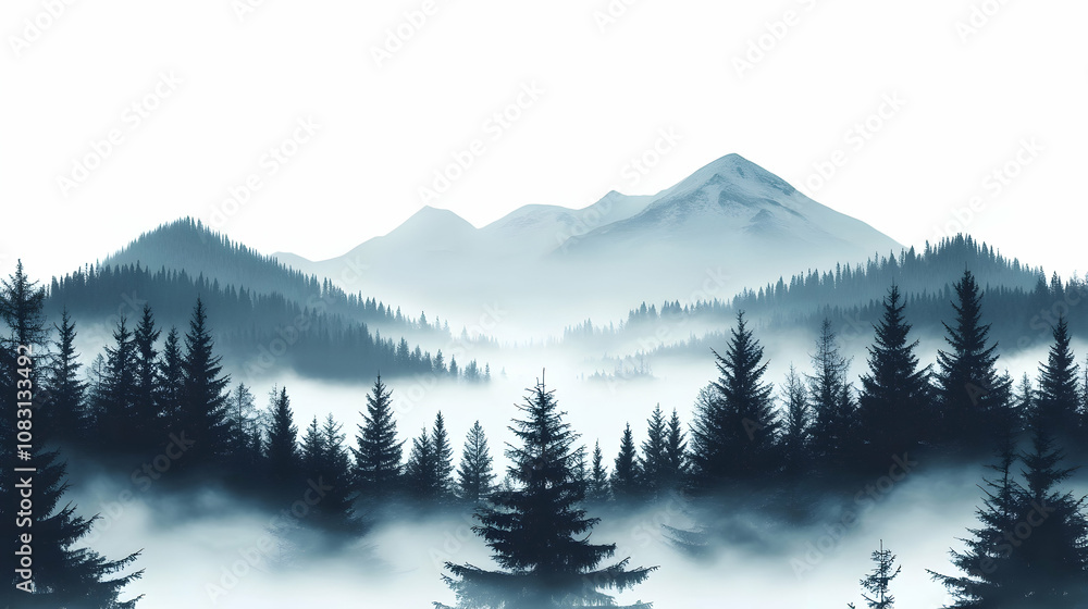 Obraz premium Misty Mountains and Evergreen Forest Digital Painting