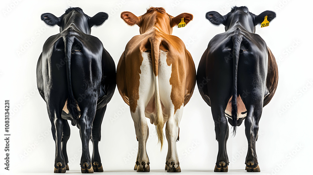 Obraz premium Three Cows Standing in a Row, Viewed from Behind, Displaying Their Different Coats, Rear View of Dairy Cattle in Studio Setting