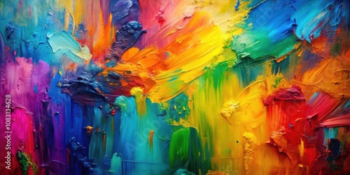 A vibrant abstract painting showcasing a spectrum of colors layered in bold strokes, creating a captivating and energetic visual experience.