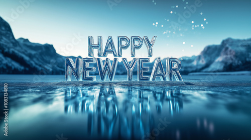 Happy new year icy lettering reflecting on frozen lake with mountains