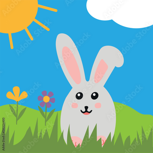 A vector illustration of a beautiful adult young hare in a sunny meadow