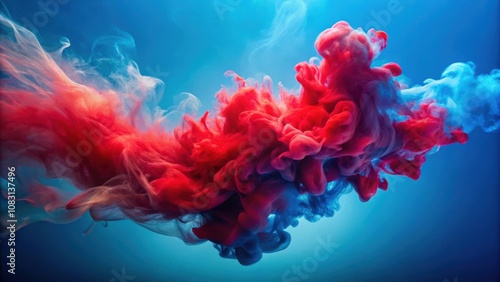 Abstract Swirling Red and Blue Ink in Water, Creating a Dynamic and Ethereal Cloud-Like Form