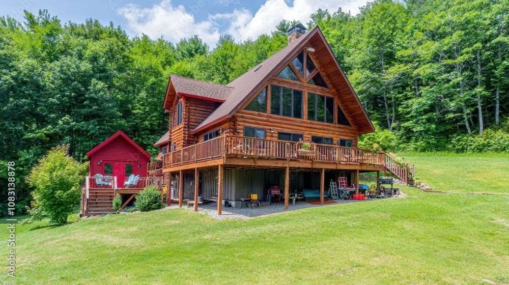 Fototapeta premium Cozy Wooden Cabin Dreamscape with Scenic View, Ideal for Guests Seeking Relaxation in a Charming Chalet Retreat Surrounded by Lush Nature and Artistic Inspiration
