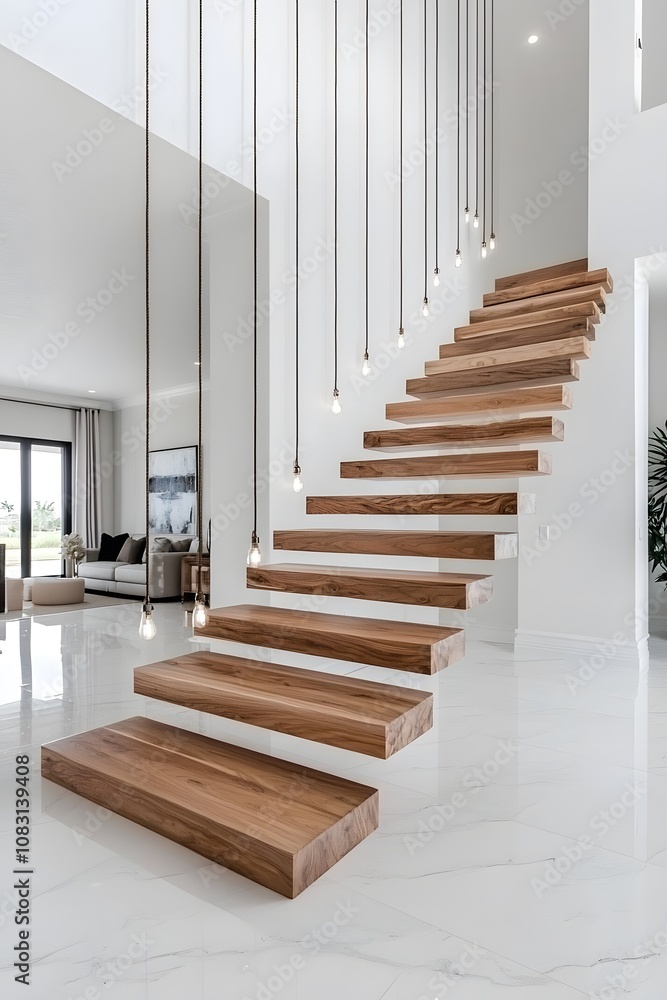 Fototapeta premium Artistic floating stairs with irregular wooden steps and no handrails,