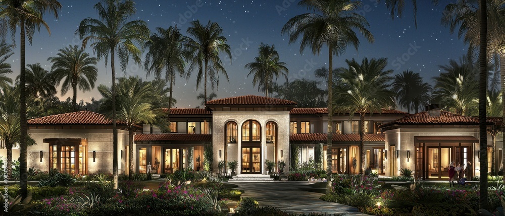 Fototapeta premium Elegant Italian-Inspired Villa at Night with Terracotta Roof and Lush Tropical Gardens, Offering a Luxurious Guest Experience in a Scenic Retreat