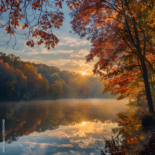 Wallpaper Mural Autumnal Splendor at Ohio State Park - Morning Mist over Tranquil Lake and Lush Foliage Torontodigital.ca