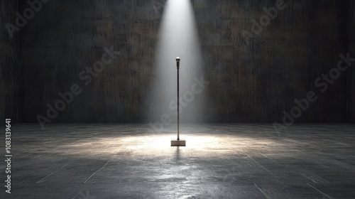 A solitary microphone on stage, illuminated by blurred background lights, ready for an inspiring performance photo