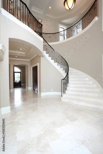 Curved staircase with bold black railings and minimalist white steps, photo